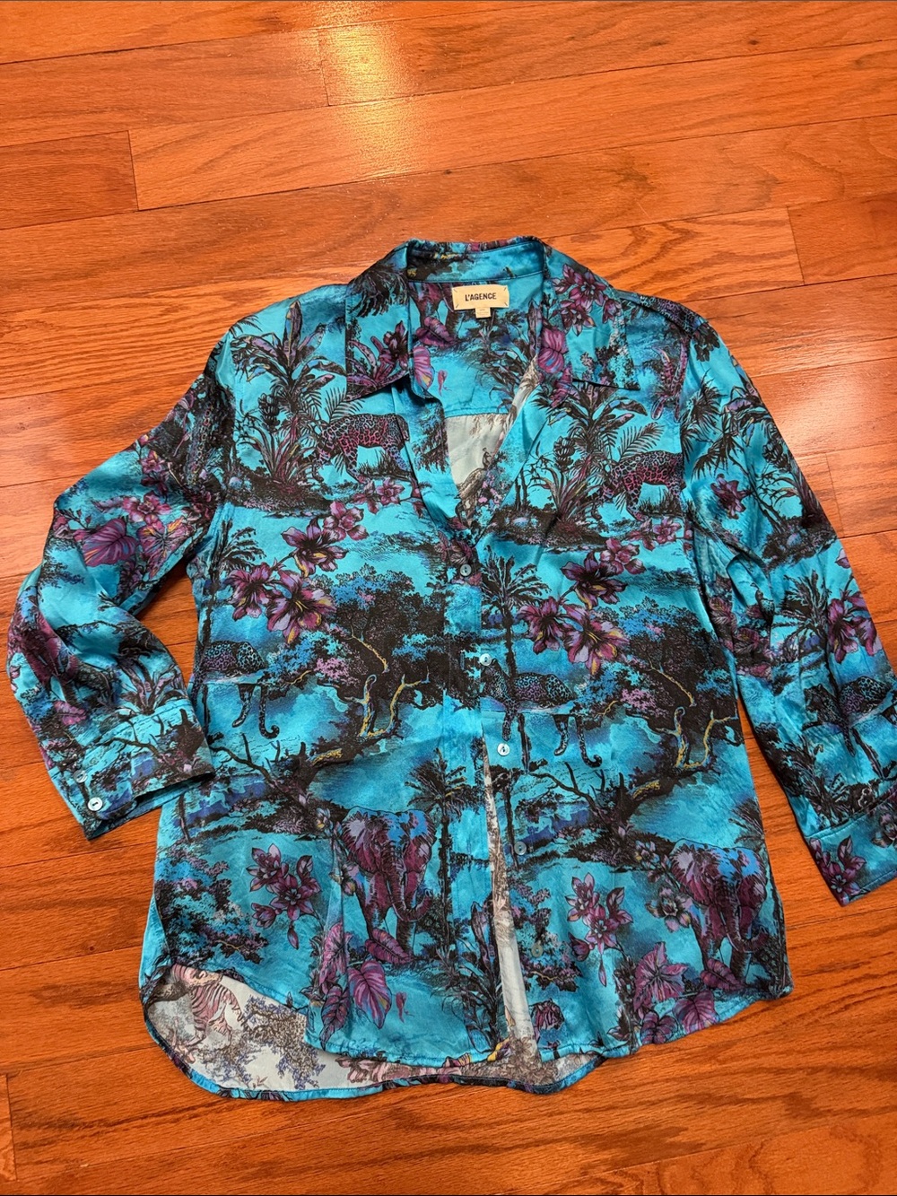 L'AGENCE Turquoise, Purple & Black Tropical Silk Shirt